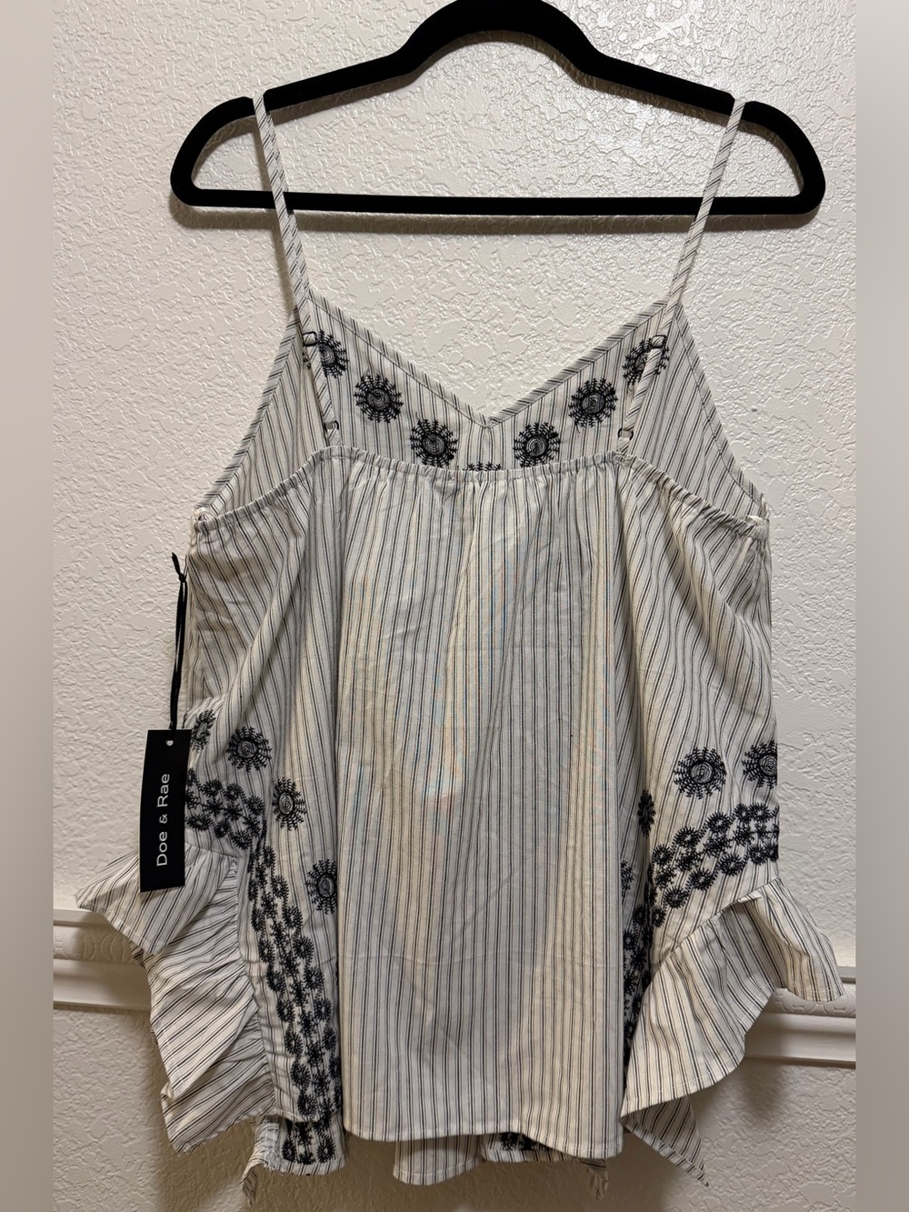 Doe & Rae Embroidered Striped Ruffle Side Boho Cami Tank Top - Picture 5 of 5